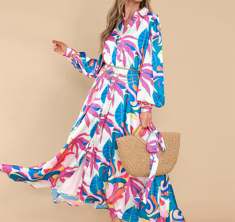 Luźna sukienka maxi koszulowa z nadrukiem